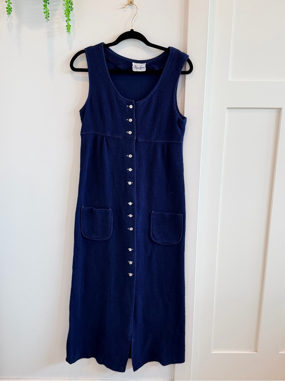 Plaza Square Vintage Sleeveless Navy Button-Front Knit Dress 1980’s